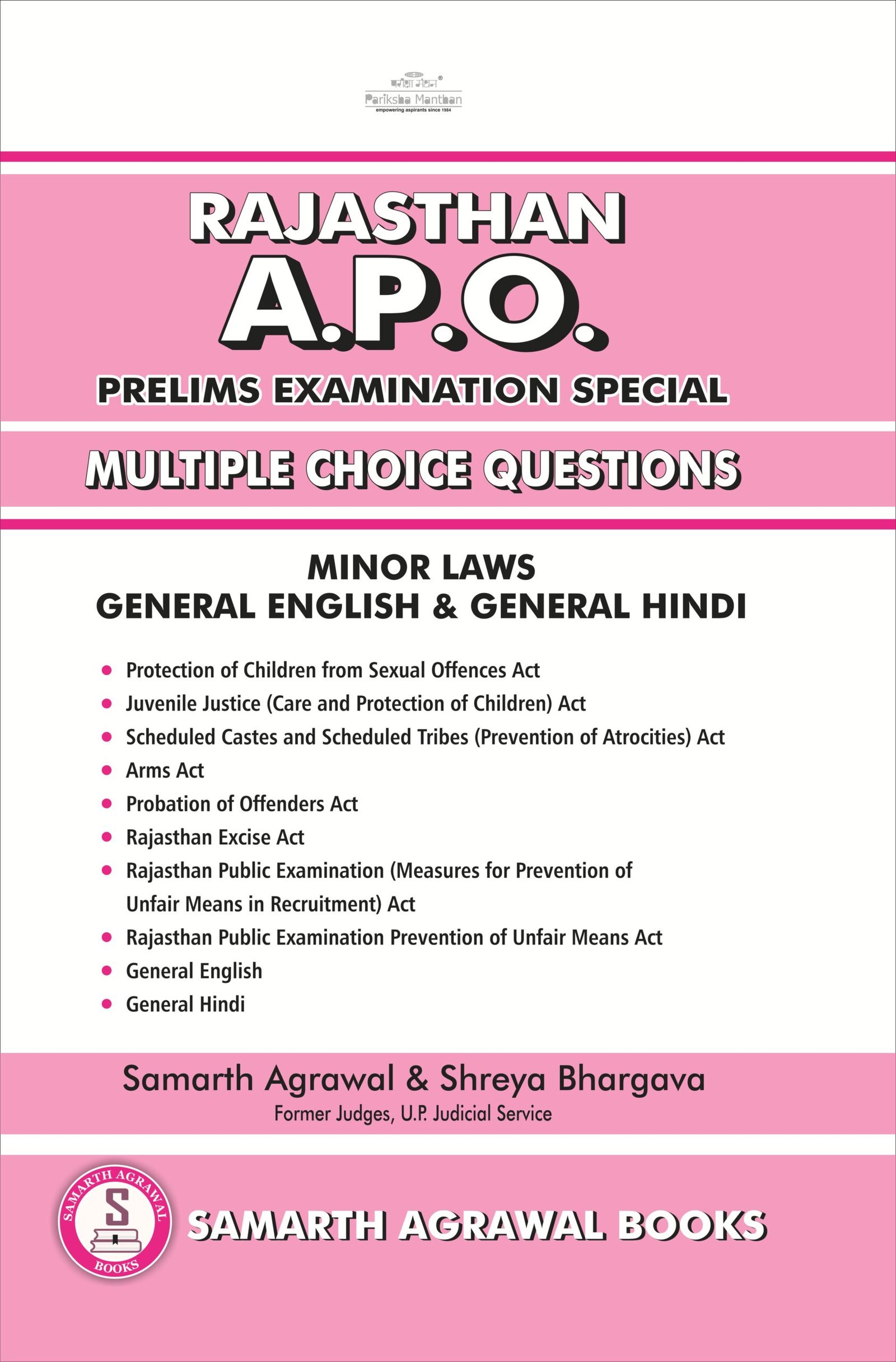 Rajasthan A.P.O. Preliminary Examination Special: MCQs of Minor Laws, English and Hindi